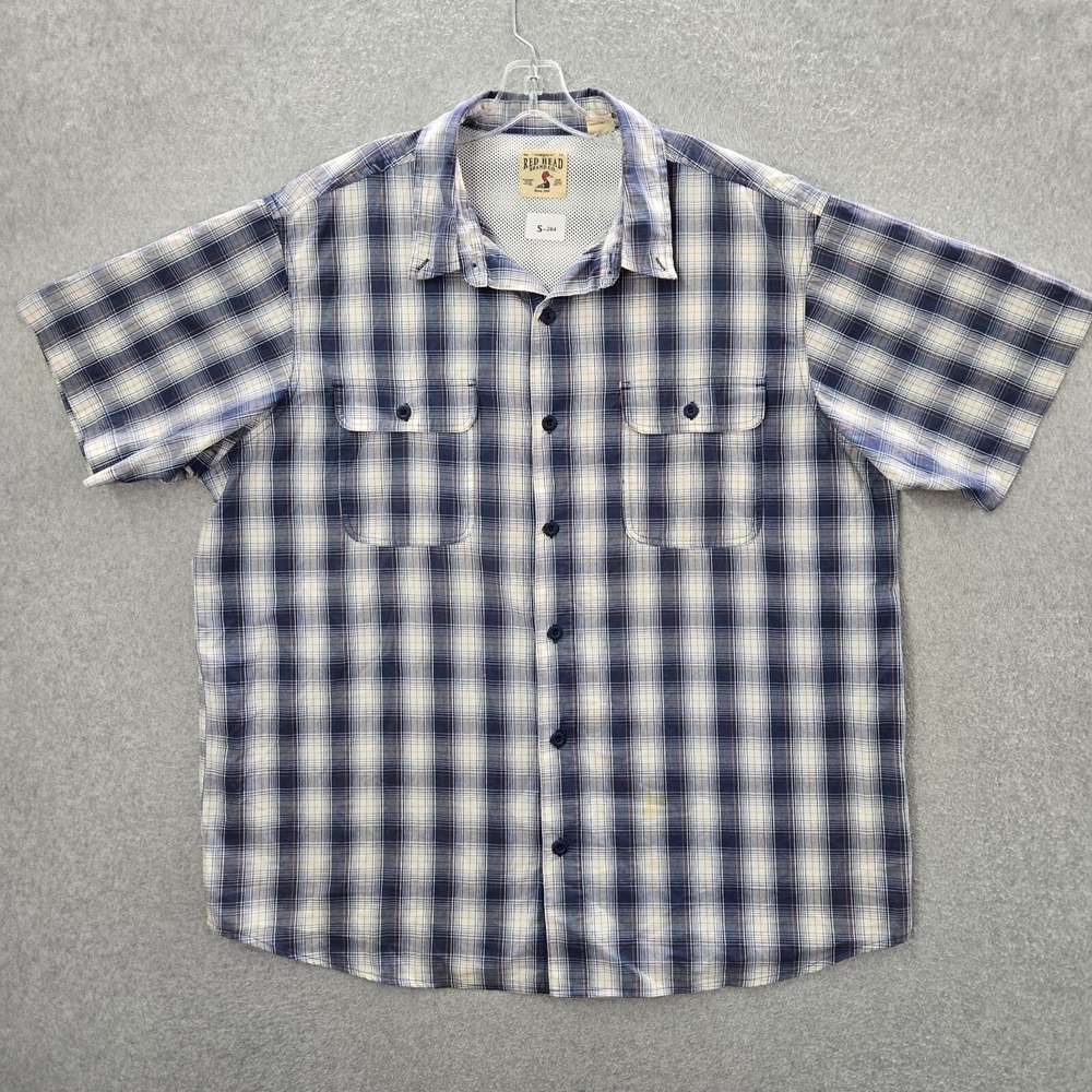 RedHead Men Button Up Shirt 2XL Blue Plaid Pockets Mesh Collar Short Sleeve READ
